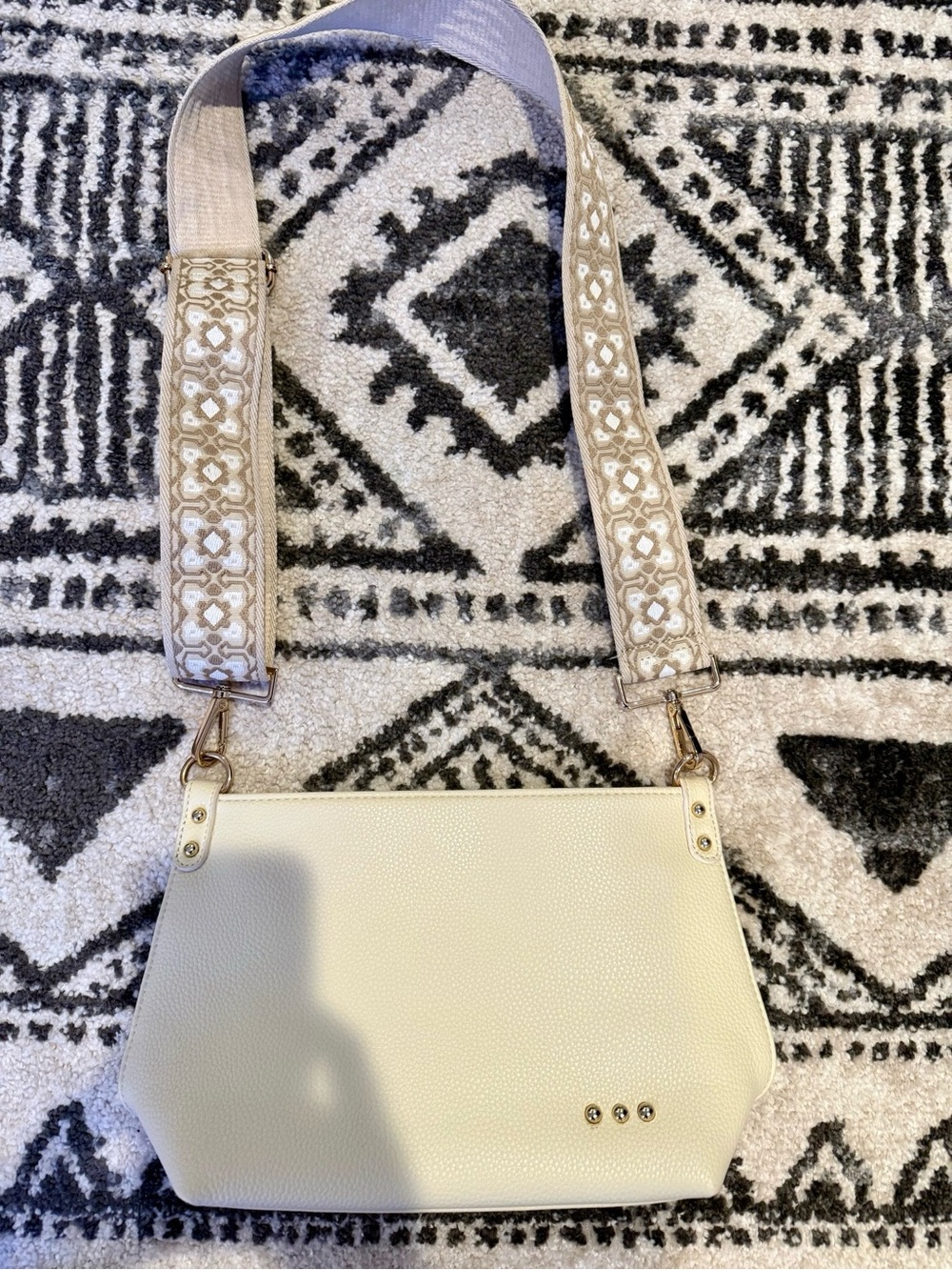 Vegan, Pretty Simple Cream Crossbody Bag with Embroidered Strap